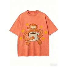 Vintage Washed BlackT-Shirt, Cute Cartoon Monkey With Coffee Cup & Yellow Stars Print Tee,Retro Distressed Oversized Short Sleeve Casual StreetwearTop - 橘色 - 查看 1