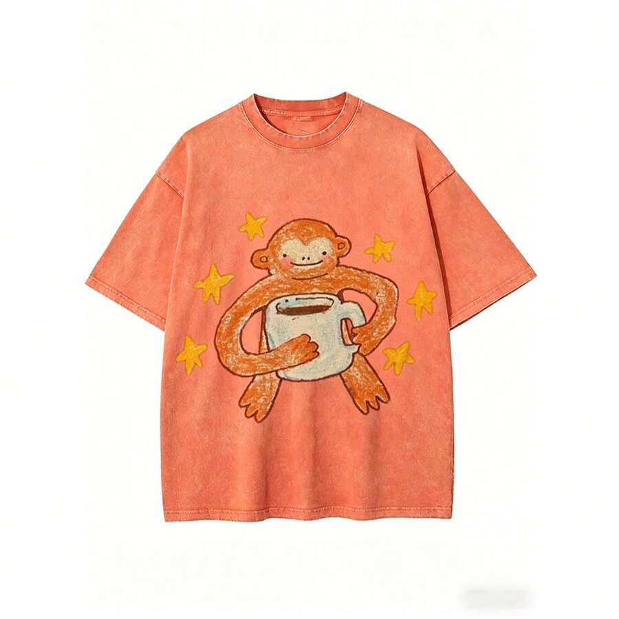 Vintage Washed BlackT-Shirt, Cute Cartoon Monkey With Coffee Cup & Yellow Stars Print Tee,Retro Distressed Oversized Short Sleeve Casual StreetwearTop - 橘色 - 查看 1