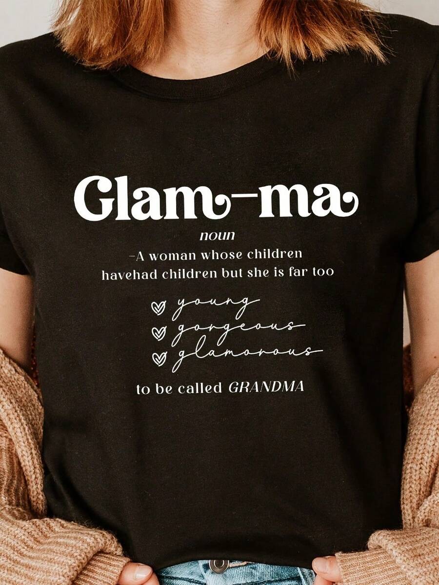 Camiseta de cuello redondo con estampado GLAM MA, top casual de manga corta para verano y primavera, ropa de mujer - Negro - Ver 1