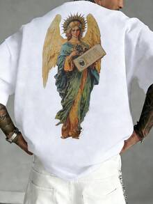 Camiseta de manga corta holgada de estilo casual, rock y hip hop para hombre Fractyr| Impresión de Ángel| Diseño Exquisito| Imprescindible para Primavera/Verano| Estilo Básico, Retro y Versá - Blanco - Ver 2