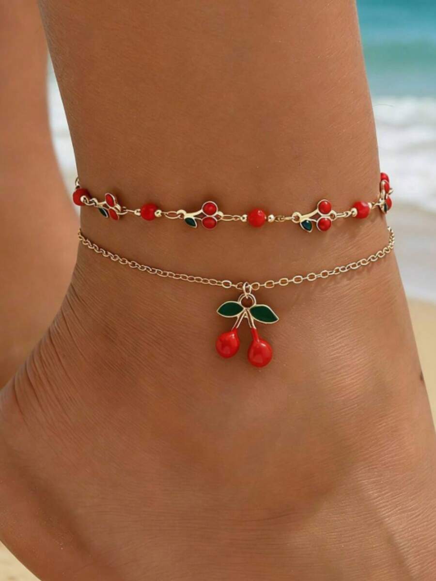 2pcs Sweet Cherry Anklets, Suitable For Summer Daily And Beach Wear - one-size - View 1