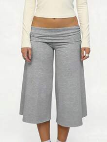 Y2K Fold-Over Waist Wide Leg Cropped Culottes, Low-Rise Casual Knit Pants For Women, Multi-Color Options - Gris Claro - Ver 2