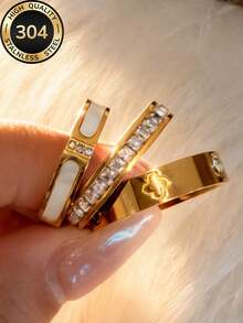 Bộ nhẫn Znice 2026 mới, làm từ thép không gỉ 304 mạ vàng 18K, kiểu dáng xếp chồng, dành cho nữ, họa tiết hoa bốn lá và đá pave trắng, trang sức tối giản ít gây dị ứng, món quà hoàn hảo cho Ngày của Mẹ, phụ kiện lý tưởng cho kỳ nghỉ hè. - Vàng - Xem 9