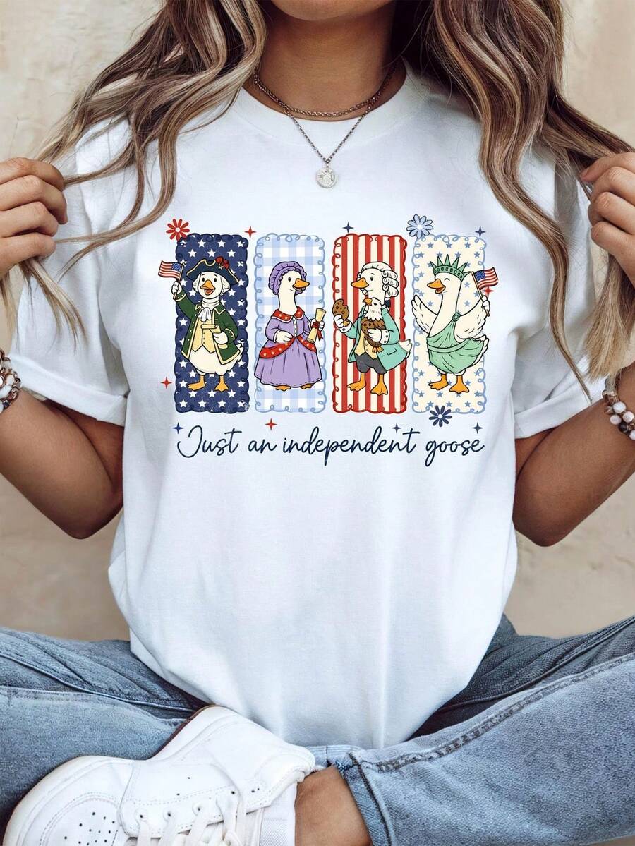 Camiseta "Just An Independent Goose", divertida camiseta de ganso para el 4 de julio, camiseta patriótica de pato, regalo humorístico para el Día de la Independencia, camiseta de pato con la Estatua de la Libertad. Camiseta unisex de algodón puro de 220 g, peso ideal para todas las estaciones, adecuada tanto para hombres como para mujeres. Tejido duradero de alta calidad, suave al tacto y de larga duración. Parte superior transpirable. Adecuada para la primavera y el verano de las mujeres, vacaciones, Día de la Madre, Día de la Independencia. - Blanco - Ver 1