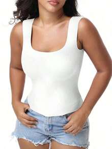 Wire Free Padded Tank Top Ribbed Knit Square Neck Wide Strap Built In Bra Slim Fit Undershirt Black White Streetwear - White - View 5