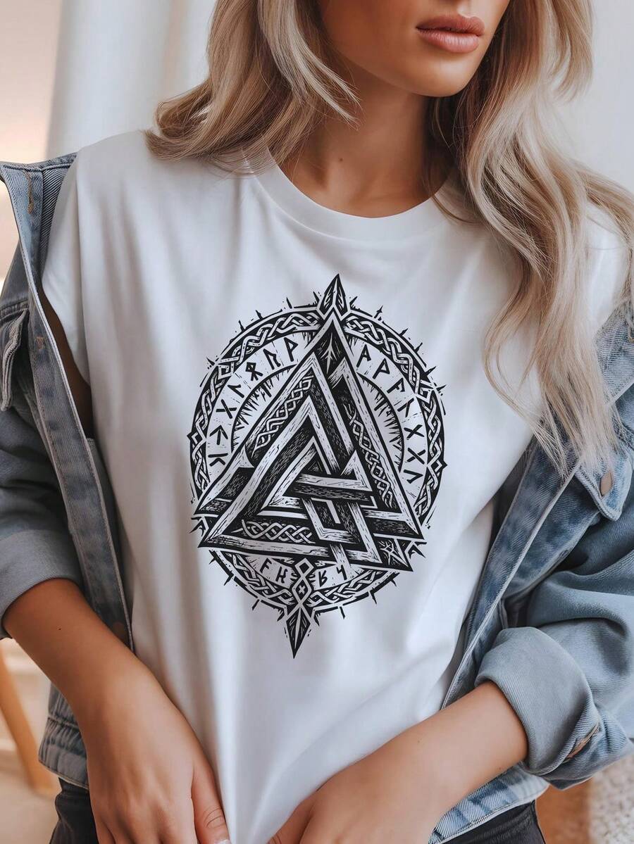 Camiseta Viking V1alknut con runas nórdicas y mitología de Odín. 220 g, algodón puro unisex. Peso ideal para todas las estaciones, apta para hombres y mujeres. Tejido duradero de alta calidad, suave al tacto y de larga duración. Transpirable. Ideal para primavera y verano, vacaciones, Día de la Madre y Día de la Independencia. - Blanco - Ver 1
