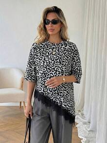 Camiseta casual de mujer con dobladillo asimétrico de encaje de unicolor, uso básico diario, blusa casual de primavera/verano para vacaciones de mujer, vacaciones de verano para mujer, primavera para mujer, vacaciones de primavera, top para ir - Gris Claro 2 - Ver 5