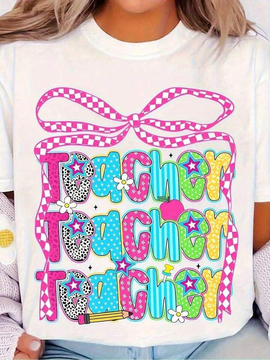 Solt Vintage 1 Retro Back To School Teacher T-Shirt, Inspirational Teacher Tee, Minimalist Graphic Teacher Print Tee, Educational Ribbon And Pencil Print, Plus Size, Casual Short Sleeve Crew Neck Teacher Tee, Ideal For First Day Of School, Events, And Teaching, 180g Soft 100% Cotton. Fashion Graphic - 白色 - 查看 1