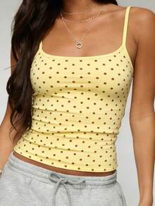 Women Polka Dot Print Square Neck Cami Tank Top - Yellow - View 2