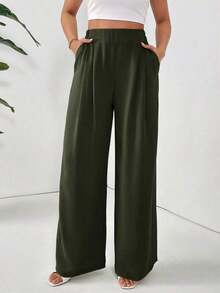 Pantalones básicos largos de mujer con pliegues plegados de unicolor y elegantes para el diario - Verde militar - Ver 4