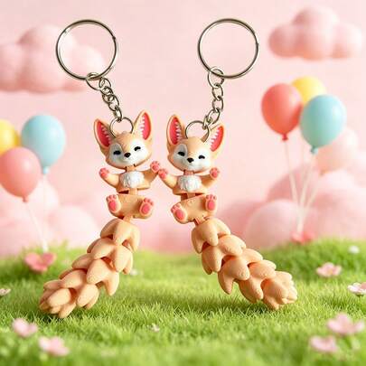 3D Printed Cute Long-Tailed Fennec Fox Keychain, 1pc Durable PLA Plastic, Fantasy Themed Design, Movable Backpack Pendant, Small Decor, Suitable For Desk, Phone, Car, Keychain Pendant, Fit For Various Holidays