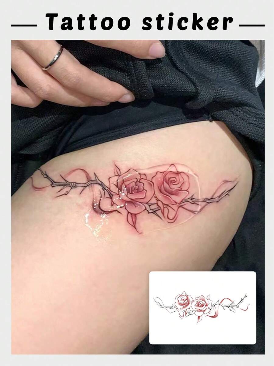一款风格柔和的荆棘玫瑰纹身贴纸,防水持久,时尚装饰贴纸,适用于大腿/腰部/腹部。 - 彩色 - 查看 1