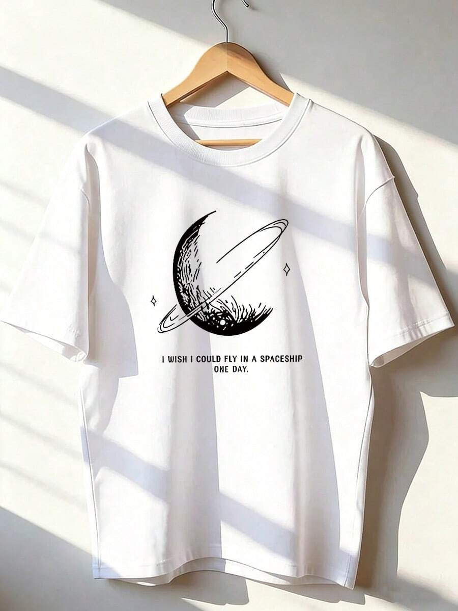 Camiseta de Manga Corta con Tema de Universo y Sueños,Camiseta de manga corta de moda para primavera y verano de 2026, hecha en México, 180 gramos. Estampado de dibujos animados, modelo de pareja, apta para uso interior o exterior. Cuello redondo, unisex, ideal para oficina y ocio. Paquete de una pieza. - WH-P631577SLNDXZGY481 - Ver 1