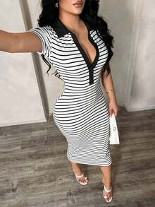 Vestido polo de manga corta a rayas blanco y negro de estilo minimalista y casual para ir al trabajo, vestido de punto de media longitud con ajuste ceñido y gran elasticidad, vestido elegante francés - Negro 2 - Ver 2