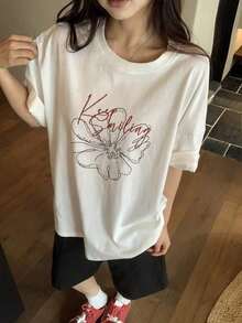 Camiseta de manga corta  para mujer con estampado floral dulce, corte holgado, versátil, blanca, de algodón puro, informal, estampada, talla grande para mujer, 100% algodón. - Blanco - Ver 3