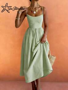 Vestido de tirantes finos de unicolor, adecuado para vacaciones en la playa, té de la tarde y viajes al aire libre, elegante para fiestas de primavera/verano - verde menta - Ver 3