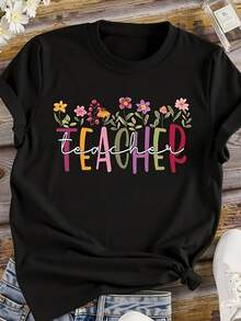 Talla Grande, Camiseta Casual de Mujer con Estampado de Letras, Cuello Redondo y Manga Corta, Camiseta para Maestra - Negro - Ver 1