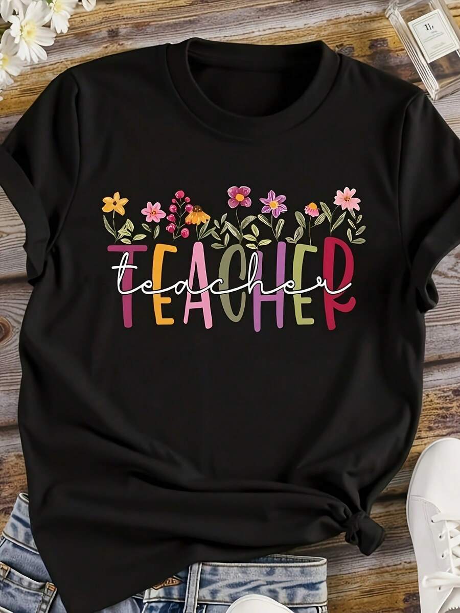 Talla Grande, Camiseta Casual de Mujer con Estampado de Letras, Cuello Redondo y Manga Corta, Camiseta para Maestra - Negro - Ver 1