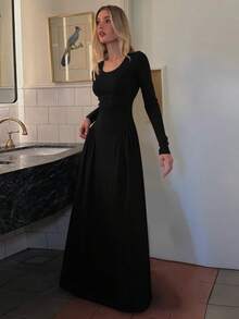 New Autumn Winter Collection Solid Color Dress French Style U-Neck Long Sleeve Dress With Ties Fitted Waist Elegant Sophisticated European Fashion For Women - 黑色 - 查看 7