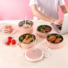 1個單/雙層不鏽鋼便當盒 - 極簡便攜式便當盒附手把，防漏食物容器，適合上班族與學生，耐用且方便 - 藕粉色 - 查看 6