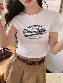 Camiseta Casual Personalizada de Manga Corta para Mujer, Diseño Recortado, Efecto Adelgazante, Estilo Moderno, Versátil para Verano, Vacaciones, Blanca, Estilo Vintage Urbano, Camiseta Holgada de Algodón con Cuello Redondo y Manga Corta - Blanco - Ver 2