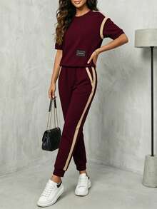 Women's New Contrast Stripe Tee And Elastic Waist Straight Leg Pants 2 Pieces Set, Suitable For Spring, Summer And Autumn - Burgundy 29 + Apricot 13 - View 4