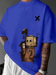 Compatible With The Manfinity Dauomo Men's Cartoon Print Crew Neck Short Sleeve T-Shirt, For Summer. - 藍色 - 查看 1