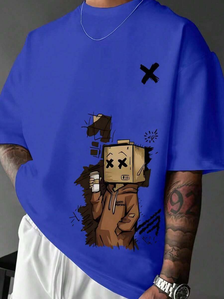 Compatible With The Manfinity Dauomo Men's Cartoon Print Crew Neck Short Sleeve T-Shirt, For Summer. - 藍色 - 查看 1