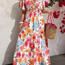 Vacation Stylish Floral Print Ruffle Sleeve Crossed Neck Dress Summer Beach Dress Vacation Outfits Women Spring Summer Outfits Floral Dress Country Dress Resort Wear Women Vacation Dress Women's Summer Dresses Women Spring Dress Floral Women Dress Wild Flower Dress Women Summer Dresses - Multicolor - Ver 5