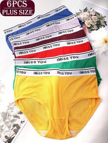 Women's Plus Size Letter Ribbed Seamless Underwear Set 6 Pack, Comfortable Breathable Loose Fit Panties For Daily Wear, Spring Summer Essential,Plus Size Summer - Nhiều màu - Xem 1