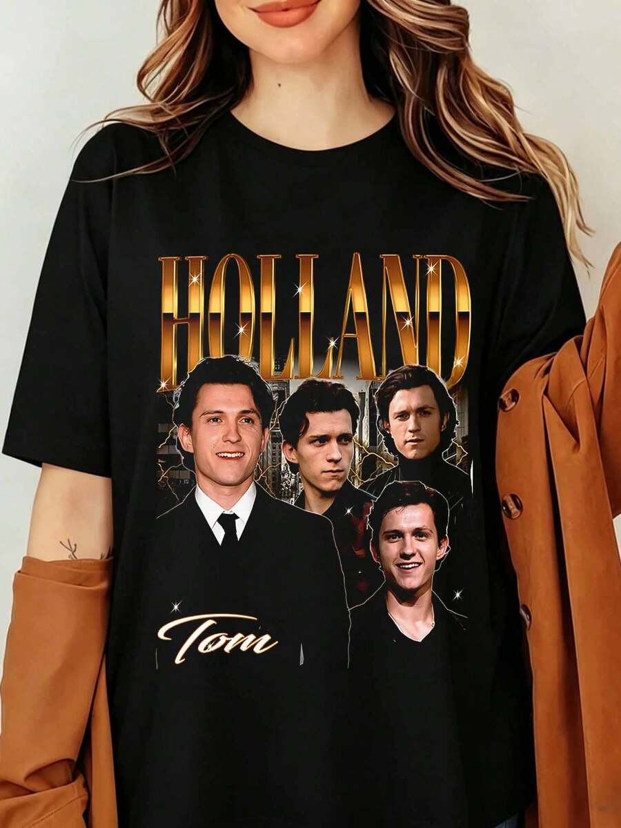TOMSS HOLLANDS Vintage Portrait T-Shirt, Retro 90s Actor Graphic Tee, Aesthetic Celebrity Tribute Merch, Streetwear Unisex Black Cotton Short Sleeve Top, Personalized Vintage Gift For Her - Black - View 1