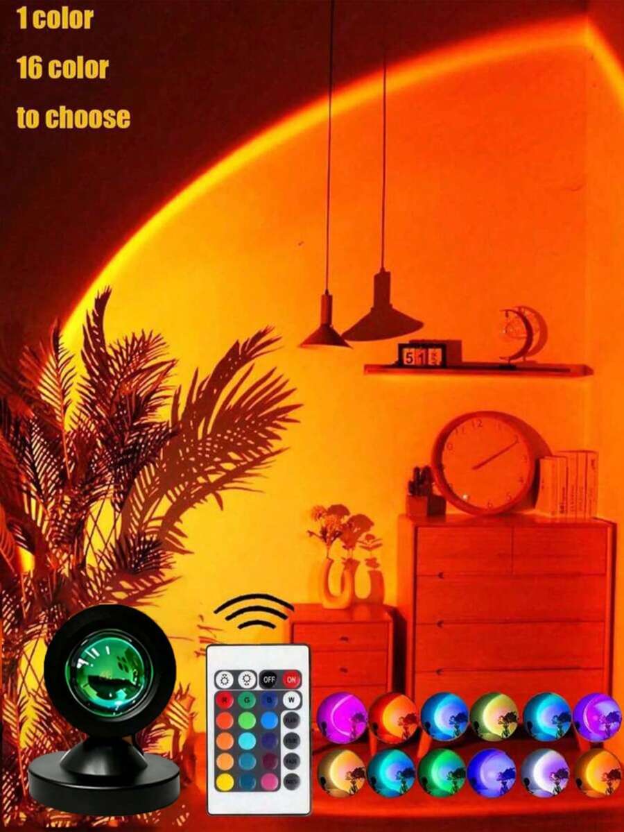 1个USB供电的RGB落地灯，RGB 16色日落投影灯，LED日落氛围灯，日落效果投影仪，房间装饰夜灯，多色投影仪，带遥控器的房间氛围照明灯，适用于装饰、摄影、派对、卧室、家居装饰、节日庆典、浪漫礼物