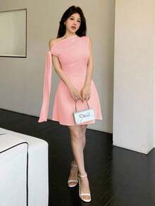 Vestido corto asimétrico con nudo en la cintura para mujer - Albaricoque - Ver 6