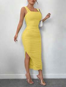 Vestido negro ajustado de malla con volantes y abertura en el bajo, con tirantes - Amarillo - Ver 4