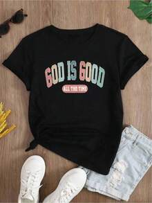 YOCASA Camiseta Casual de Verano para Mujer, con Cuello Redondo, Ajustada y Manga Corta, con Estampado de Pintura al Óleo, Floral, Corazón, Cereza y Patrones de Letras. Tejido Casual Simple, Estilo Deportivo, Ideal para Uso Diario y Citas de San Valentín. 1 pieza, 180G Pure Heavy, 95% Poliéster 5% Spandex. - Negro - Ver 2