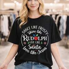 Women's Plus Size Cotton Christmas Print T-Shirt, M-5XL, With The Print "Dance Like Frosty, Shine Like Rudolph, Give Like Santa, Love Like Jesus", Loose Fit, Short Sleeve, Casual Style For Christmas Parties. - 黑色 - 查看 12