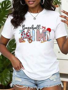 Camia de Mujer con Estampado de Béisbol Mimi, Cuello Redondo, Manga Corta, Casual, Verano, Regalo para Mamá, 220g, Transpirable y Cómoda - Blanco - Ver 1