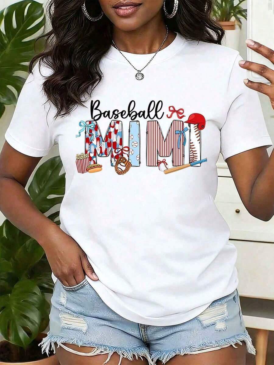 Camia de Mujer con Estampado de Béisbol Mimi, Cuello Redondo, Manga Corta, Casual, Verano, Regalo para Mamá, 220g, Transpirable y Cómoda - Blanco - Ver 1