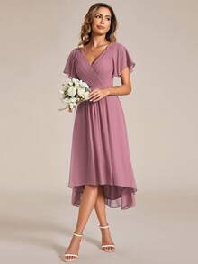 Đầm phù dâu bằng chiffon dáng dài ngắn thanh lịch dành cho nữ, cổ chữ V, tay bồng, thích hợp cho đám cưới mùa hè. - Bụi hồng - Xem 4