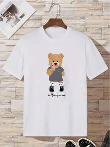 T-Shirt With Cartoon Bear Print And Letter - 白色 - 查看 9