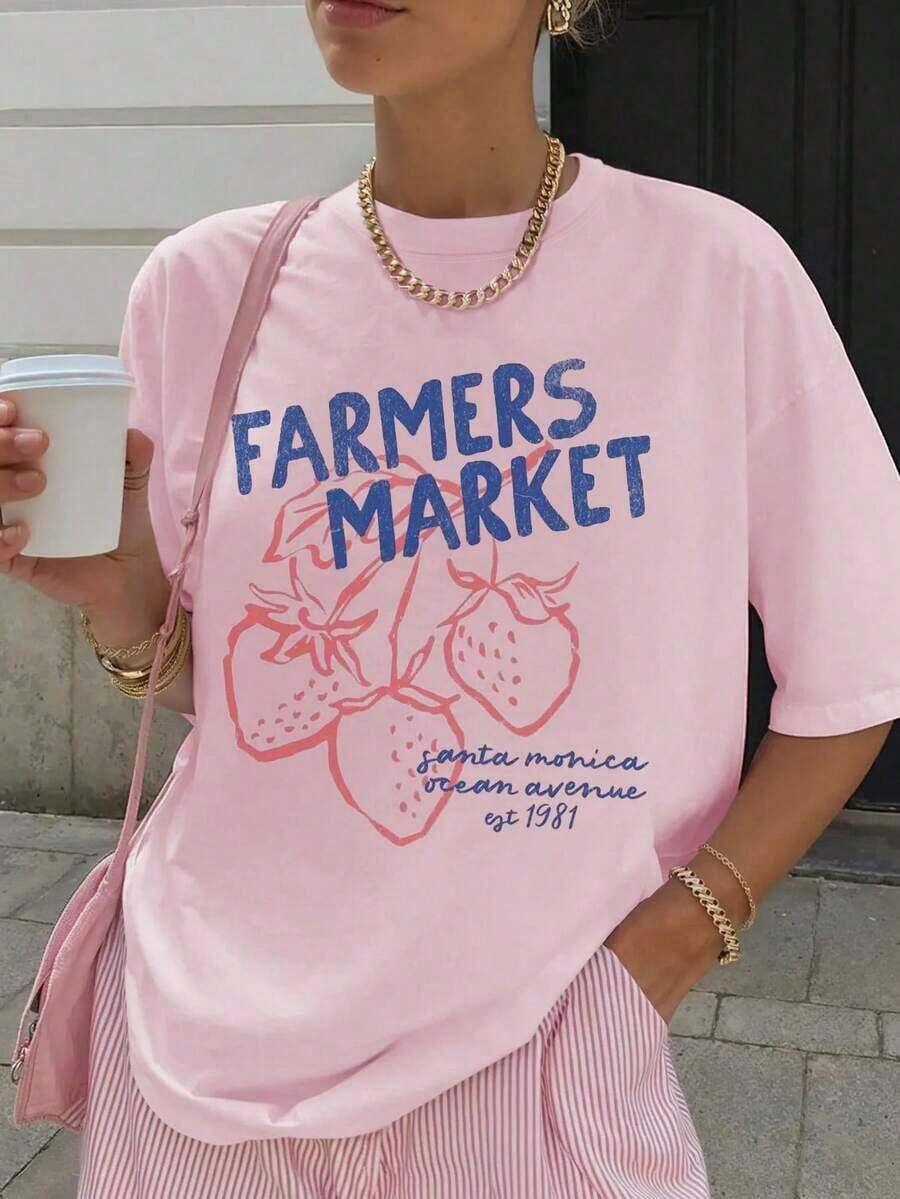 Farmers Market Comfortable Colorful Short Sleeve T-Shirt, Bohemian Vintage Print, Suitable For Daily And Holiday Wear, Summer Strawberry Print Round Neck Fashionable Casual Women T-Shirt - Baby Pink - View 1
