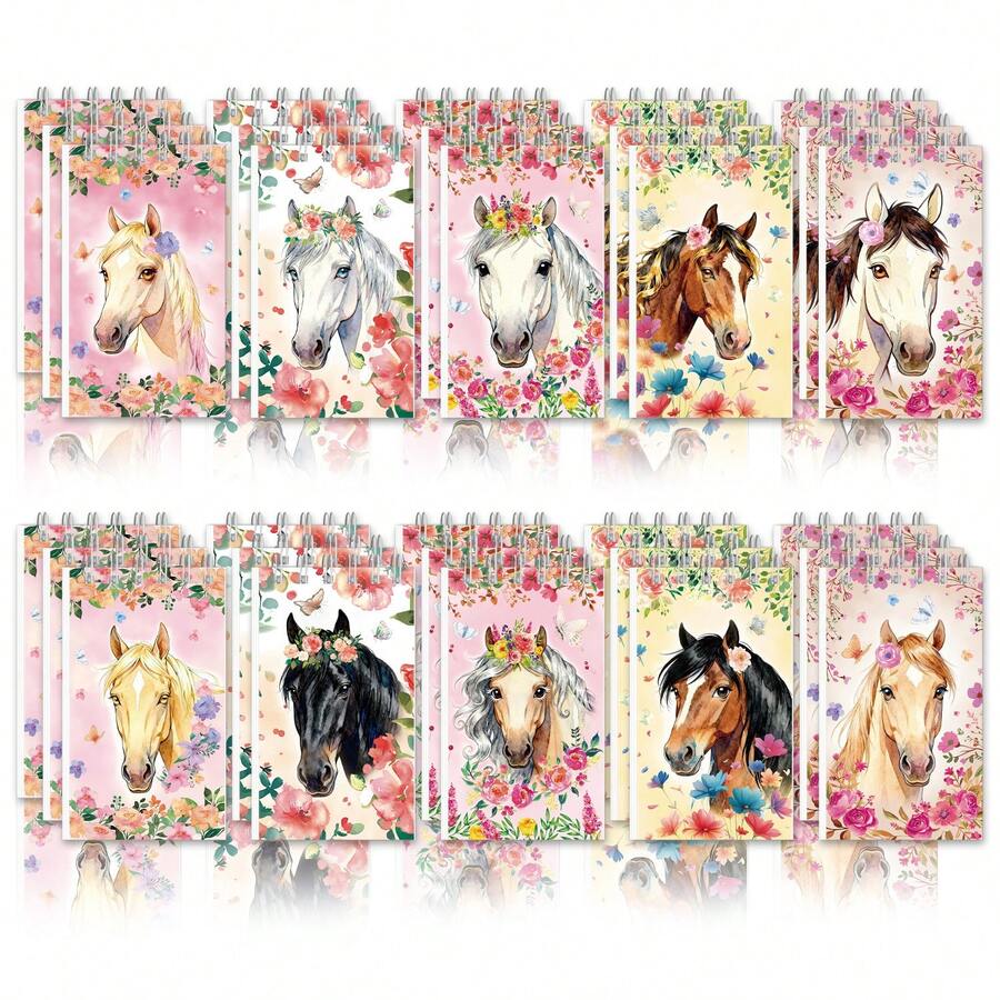 5/6/8/10/12pcs New Horse Racing Notebook, Student Portable Spiral Notebook, Horse Theme Diary Mini Notebook, Student Notebook, Vocabulary Book, Spiral Notebook, Material Book, Memo Pad, School Supplies, Student Prizes, Party Notebook, Back To School Supplies, Christmas Notebook - Multicolor - View 1