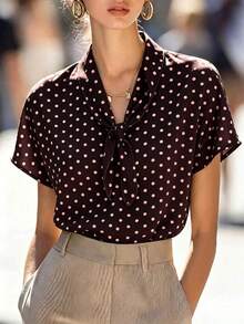 Camisa de mujer con diseño de cuello de corbata de lunares, primavera/verano - Café integral - Ver 1