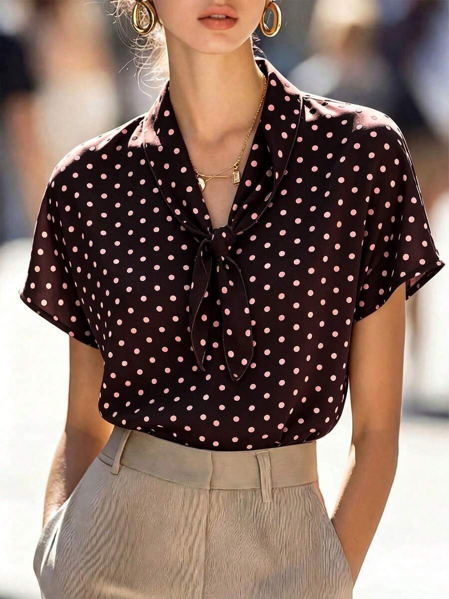Camisa de mujer con diseño de cuello de corbata de lunares, primavera/verano - Café integral - Ver 1