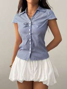 Camisa casual de manga corta con capucha, cintura ajustada con lazo delantero - Azul y blanco - Ver 4