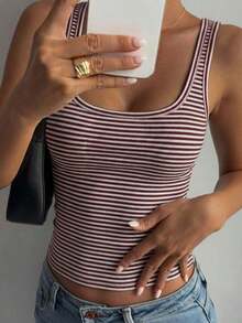 Camiseta sin mangas casual ajustada con cuello cuadrado y rayas para mujer - Café integral - Ver 4