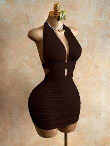 Vestido ajustado de mujer con escote halter y espalda descubierta, de moda y sexy, para verano - Marrón - Ver 1