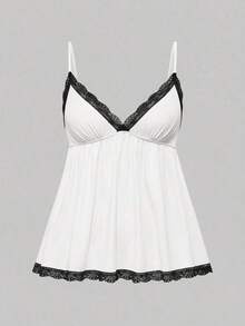 Conjunto de pijama casual de camiseta de tirantes acanalada y shorts con encaje - Blanco y Negro - Ver 7