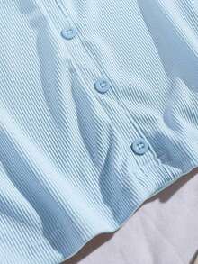 Blusa sin mangas con cuello polo y escote en V para mujer, de estilo casual y chic para la calle, en color marrón - Celeste - Ver 6