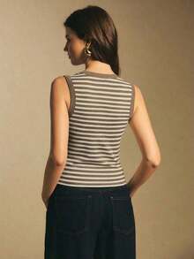Camiseta de tirantes casual a rayas para mujer, de verano - Camel - Ver 2